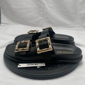 NEW Jason Wu Marzan Luxe Gold Black Strap Women’s Slide Sandals